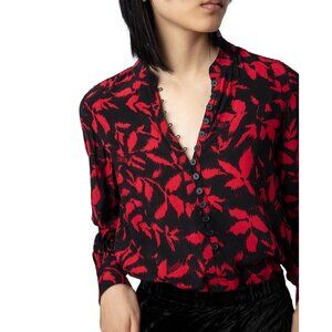 Voltaire and Zadig Red & Black Floral Blouse Twina Soft Ikat Blouse in Noire XS